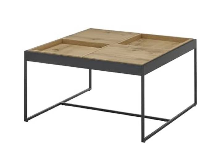 möbelando Couchtisch >LARKANA< quadratisch mit 4 drehbaren Tabletts, Echtholzfurnier Eiche, geölt, Metallgestell schwarz matt, 83x45x83 cm, modern, teilzerlegt geliefert