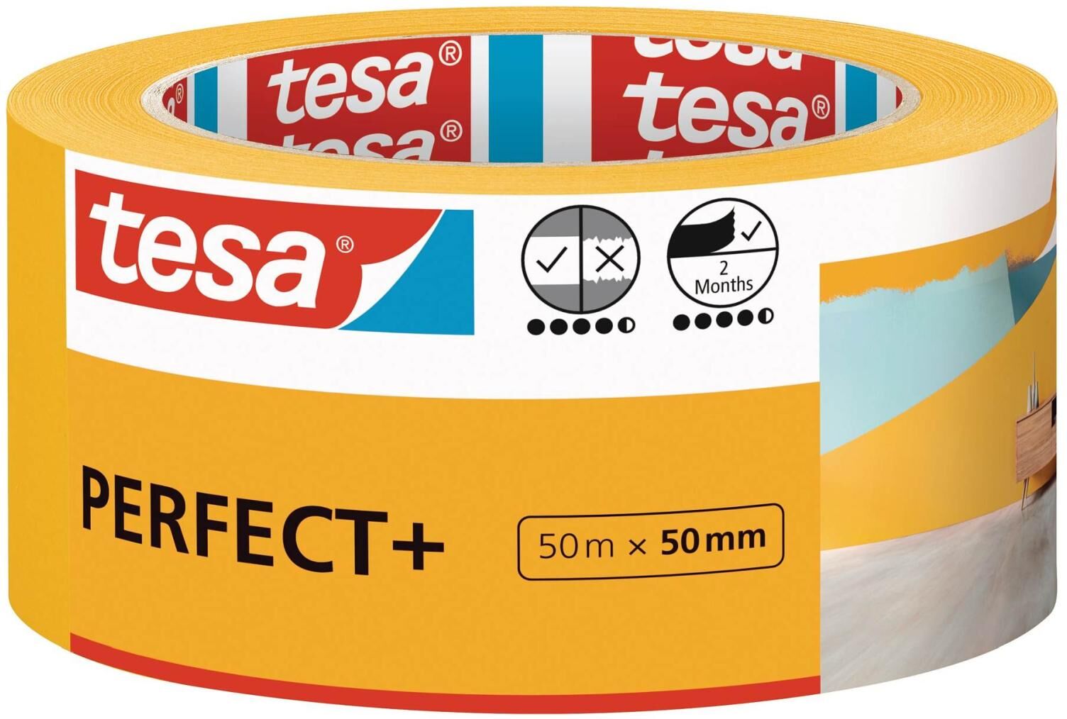 tesa PERFECT+ Malerkrepp aus dünnem Washi-Spezialpapier zum präzisen Abkleben im Innenbereich, 50 m x 50 mm