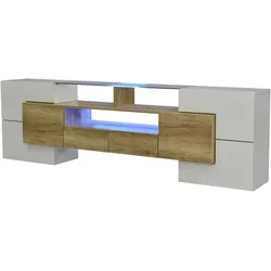 Merax Lowboard mit LED-Beleuchtung und Glasplatte, TV-Schrank mit hochglänzenden Korpus, Holzoptik, Breite 200 cm, Natural | Weiß