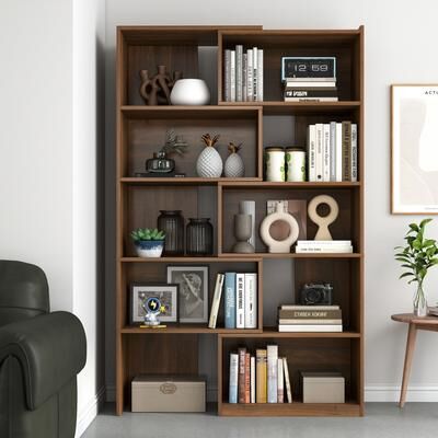 Kodotan sofa Modern Modular Walnut Bookshelf, 5-Tier Staggered Open Shelf Bookcase, Asymmetric Storage Display Rack for Living Room, Bedroom