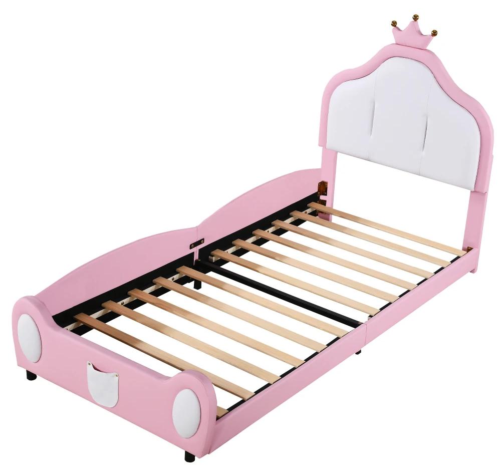 Kinderbett - Einzelbettgestell - Gepolstert - 90 x 200 cm - Stauraum - Holz - Kronen- und Patchworkdesign - Ohne Matratze - Rosa