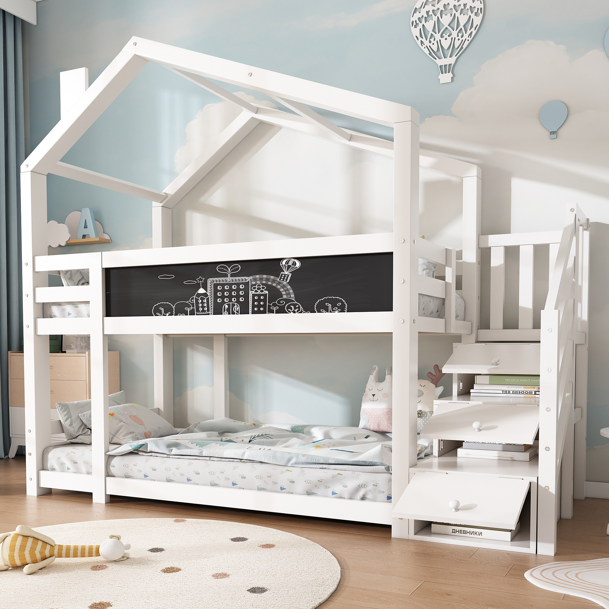 Sweiko Kinderbett Baumhaus 90 x 200 cm, Etagenbett für Kinder mit Schornstein&Speicherung und Rausfallschutz, Weiß, inkl.Tafel- 2x Lattenrost (Ohne Matratze)