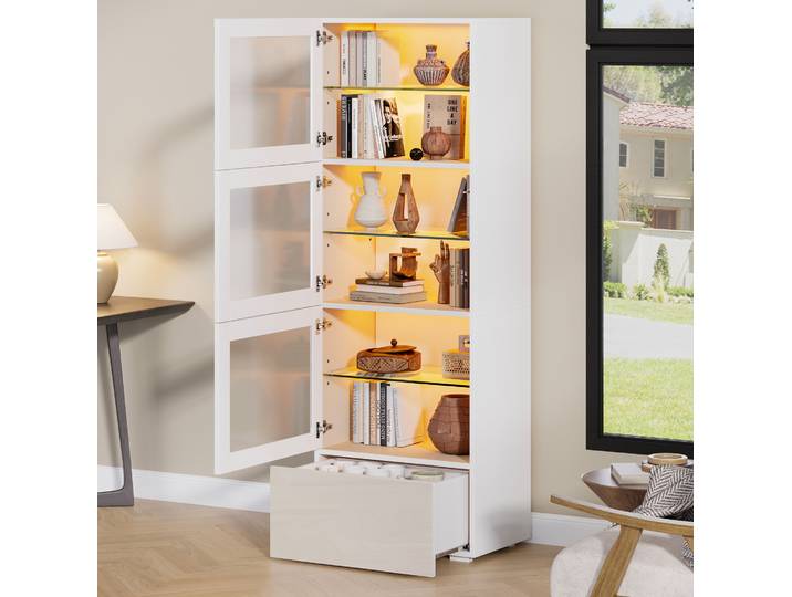 Meubliv Vitrine 60x40x173 Cm Blanche – 3 Portes\, Led\, 1 Tiroir\, Façade Brillante