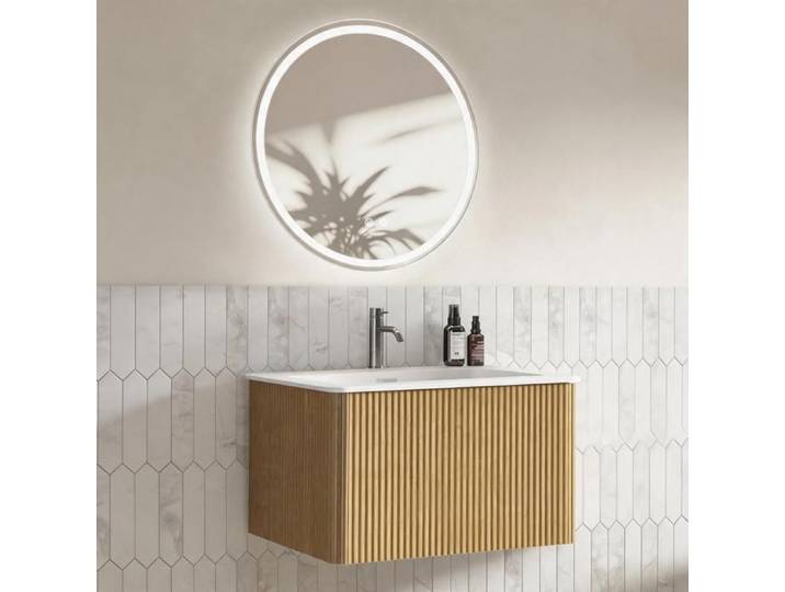 Ensemble Meubles Salle de Bain Simple Vasque 60cm + Rond Miroir Lumineux 60cm Marron Clair
