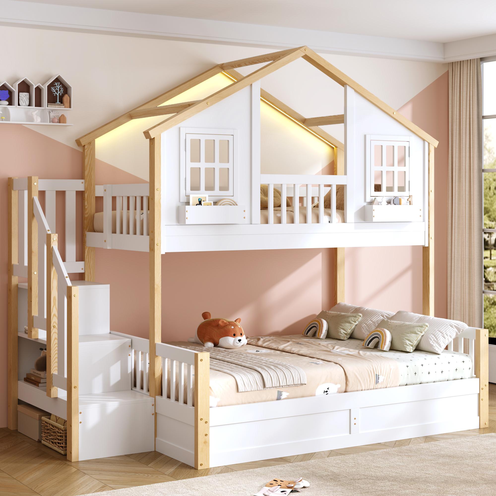 okwish Etagenbett 90/140x200 Jugendbett mit LED Beleuchtung und Stauraumtreppe Doppelbett Hausbett mit Fenster und Stauraum Hausbett Hydraulikbett mit Sicherheitsgitter Weiß,ohne Matratze