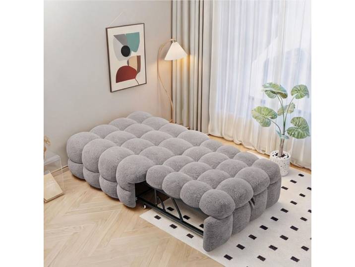 Banquette-lit une place avec pouf intégré en tissu teddy cool gray 183 x 76 x 72 cm convertible 2-en-1