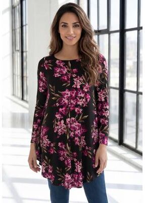 Plus Size Women's Plus Size Boatneck Swing Ultra Drape Tunic Top by Roaman's in Black Clematis Floral (Size 34/36) Long Shirt
