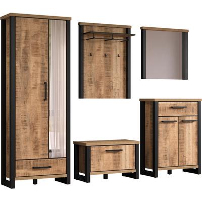 Garderoben-Set HOME AFFAIRE "Elda", braun (mango, schwarz), B:249cm H:195cm T:39cm, Floatglas, Holzwerkstoff, MDF, Metall, Kastenmöbel-Sets, Garderoben-Set: Schrank, Sitzbank, Paneel, Wandspiegel & Kommode