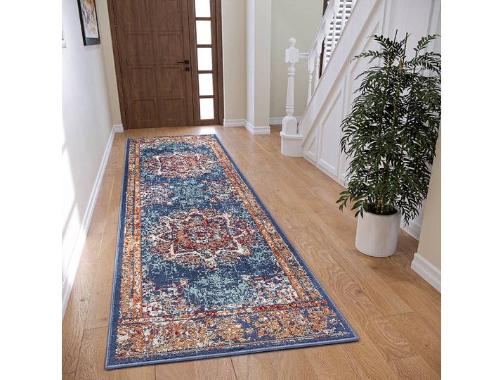 Orientteppich Maderno Blau/Jeansblau 80 x 240cm Vorderseite Polypropylen Rückseite: Jute / Polypropylen