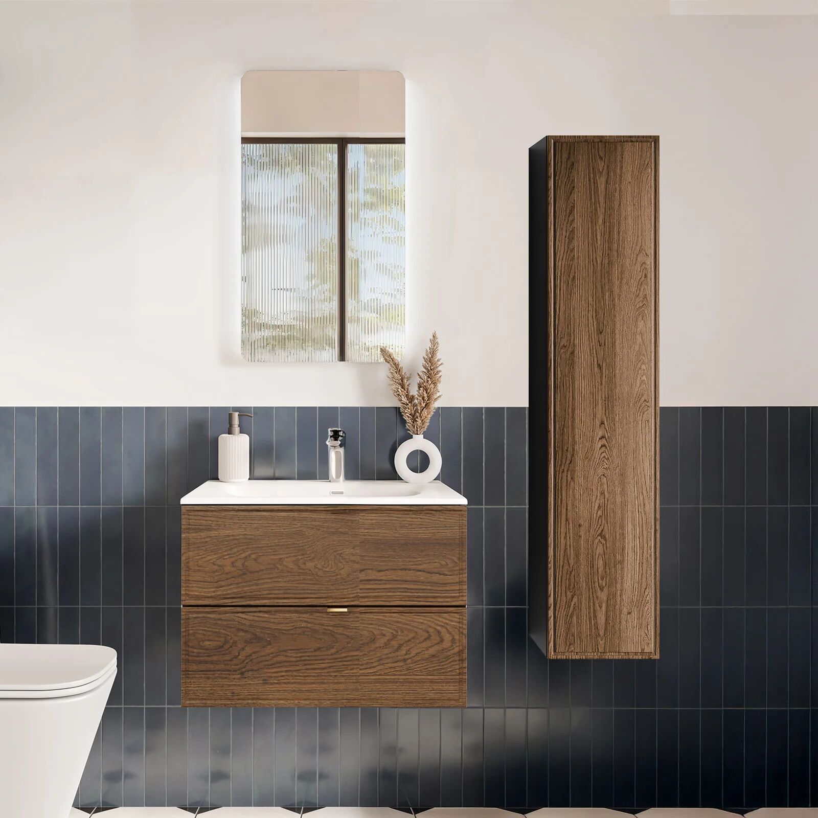 garneroarredamenti Mobile bagno sospeso 60cm con lavabo e colonna noce Walnuts