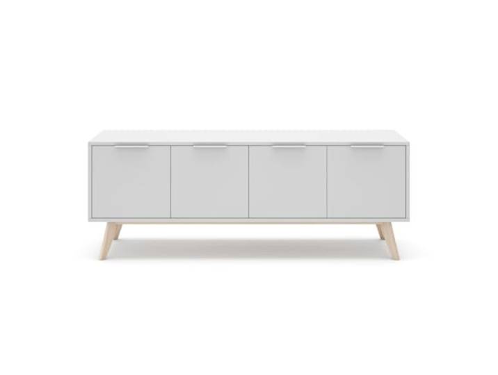 Meuble TV 4 Portes Blanc et Pin Massif L140 cm - Campus
