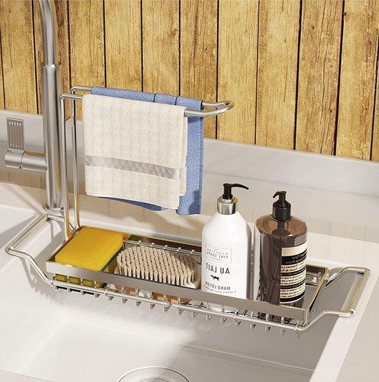 Famanu Telescopische roestvrijstalen gootsteenorganizer met handdoekhouder en sponshouder voor de keuken, groot, zilver