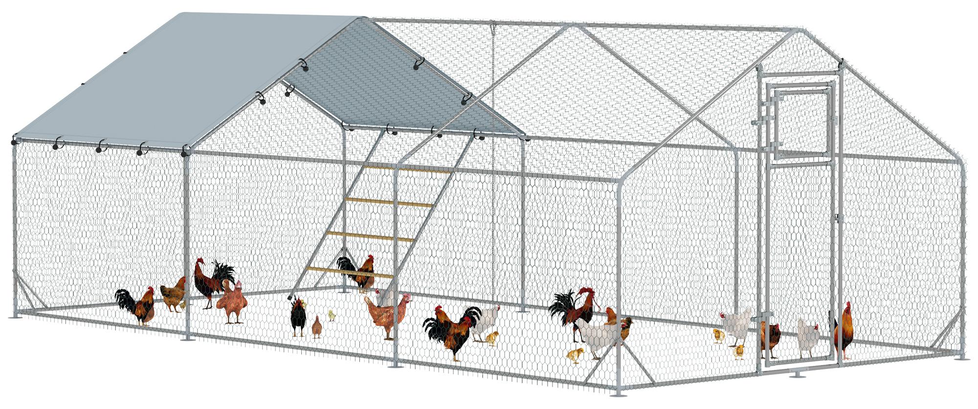 Hühnerstall, Freilaufgehege für Hühner, mit UV-beständiger Plane, Stahlgitter, Futterautomat, für 18-24 Hühner