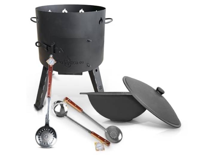 Utschak Feuerofen mit Gusseisen Topf flacher Boden mit Deckel 16 L Ø 44 cm Kazan Schaumlöffel für Plov 64 cm, Schaumlöffel 48 cm, Schöpfkelle für Plov 48 cm Учаг Uchag казан Kasan Oven (Set 4)