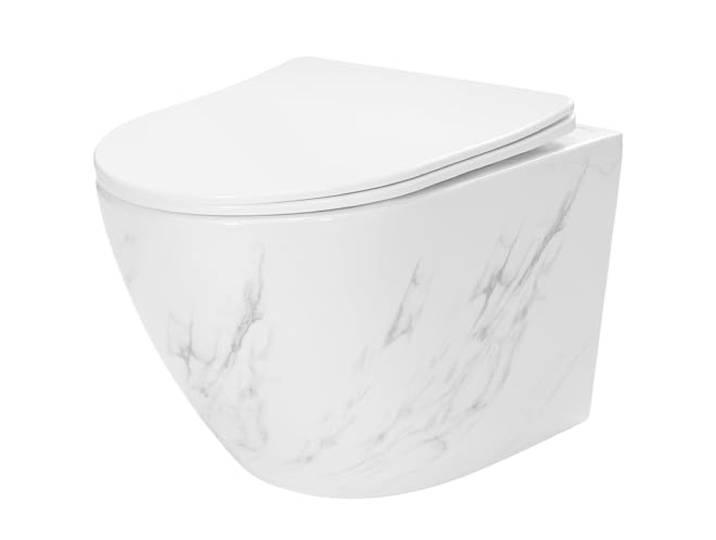 Rea WC-Schüssel Carlos Nature Marmor-Keramik-Toilettenschüssel – Softclose-Duroplast-Sitz – automatisches Absenken mit Soft-Closing (weiß)