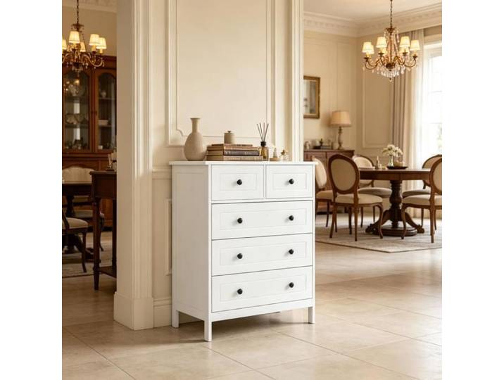 Commode - ZEVKOR - Commode blanche 5 tiroirs (2 petits + 3 grands) - Panneaux de particules/MDF - 74×40×91 cm