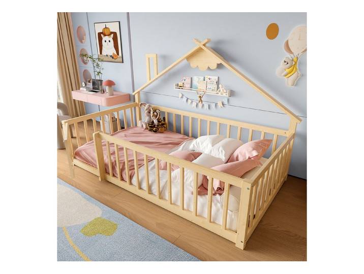 Odikalo Kinderbett Flachbett Holzbett Bettgestell Geländer Schloss 90/140x190 Weiß/Natur