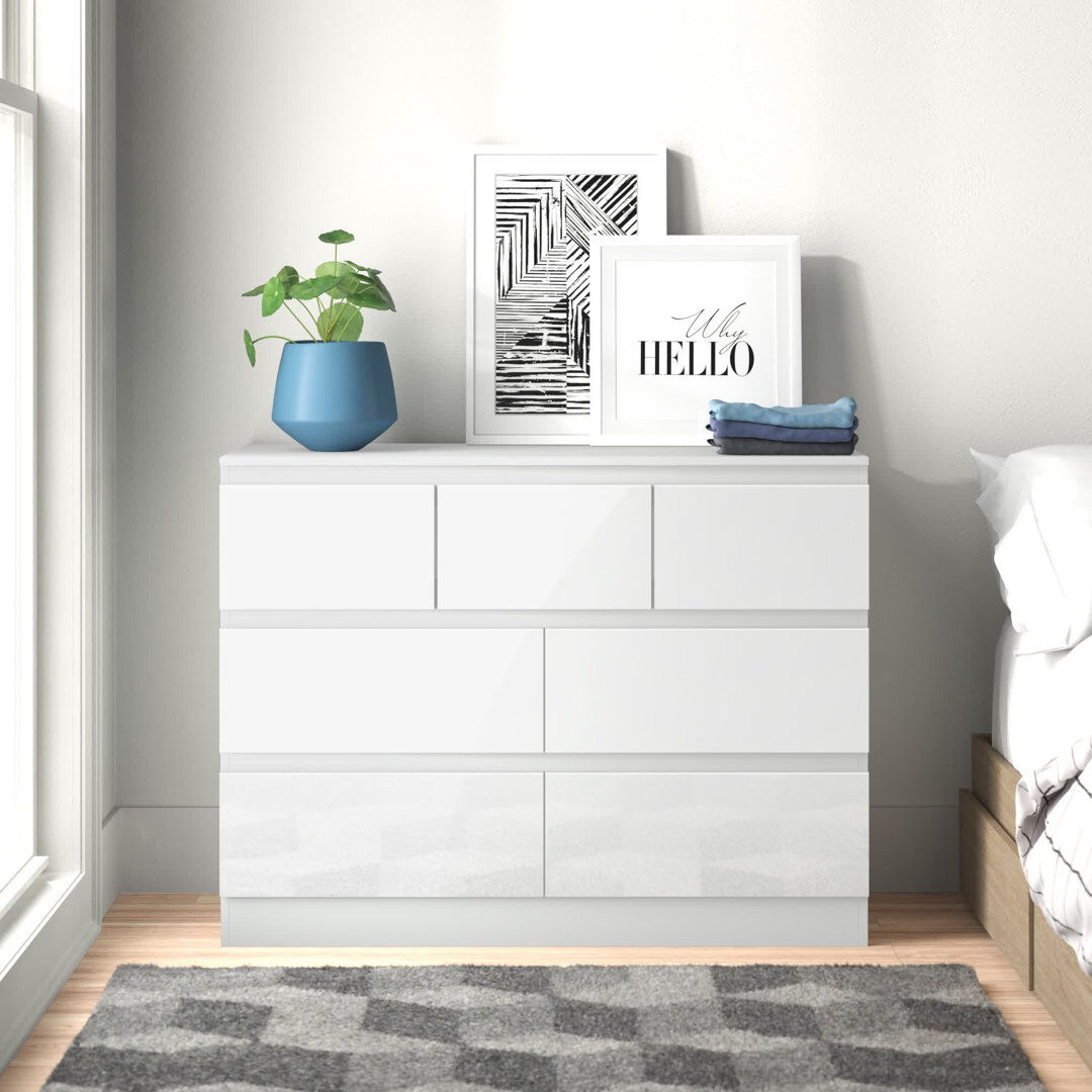 Zipcode Design Carlton 7 Drawer Merchant Chest Of Drawers: 4 + 3 Configuration. Matt Finish. Scratch Resistant. Modern No Handle Design. Gloss White 80cm H X 106cm W X 40cm D