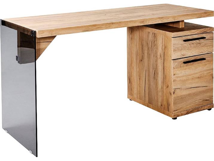 Schreibtisch JAHNKE LUX C 140 , grau (kerneiche, grauglas, kerneiche, grauglas, kerneiche), B:141,8cm H:74cm T:55cm, Tische, Schreibtisch, wechselseitig montierbar, Seitenteil aus ESG Sicherheitsglas