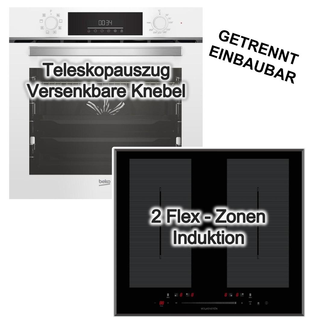 Herdset Beko Einbau-Backofen Teleskopauszug SteamShine weiß + Wolkenstein Induktionskochfeld Booster Flexzonen