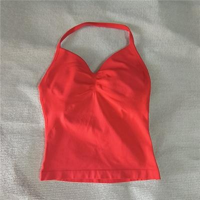 Trendy Discount Goods Women Sexy V Neck Longline Gym Tank Top, Seamless Strappy Padded Yoga Workout Vest, Slim Fit Running Sports Top chili Red xs