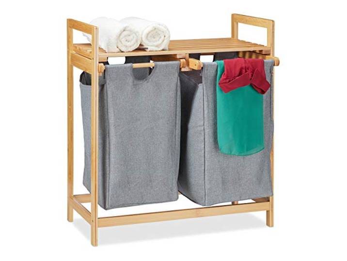 Relaxdays Wäschekorb mit Ablage, 2 Fächer, 2x 30 l Wäschesäcke, Bambus Ausziehwäschekorb HBT 73 x 64 x 33 cm, natur/grau, 1 Stück