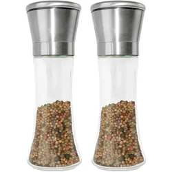 2er-Set Manuelle Pfeffermühle - Keramik-Mahlwerk für punktgenaue Aroma-Freisetzung - Glas, Edelstahldeckel, 19 cm, verschleissfrei - Ideal für Hobbyköche