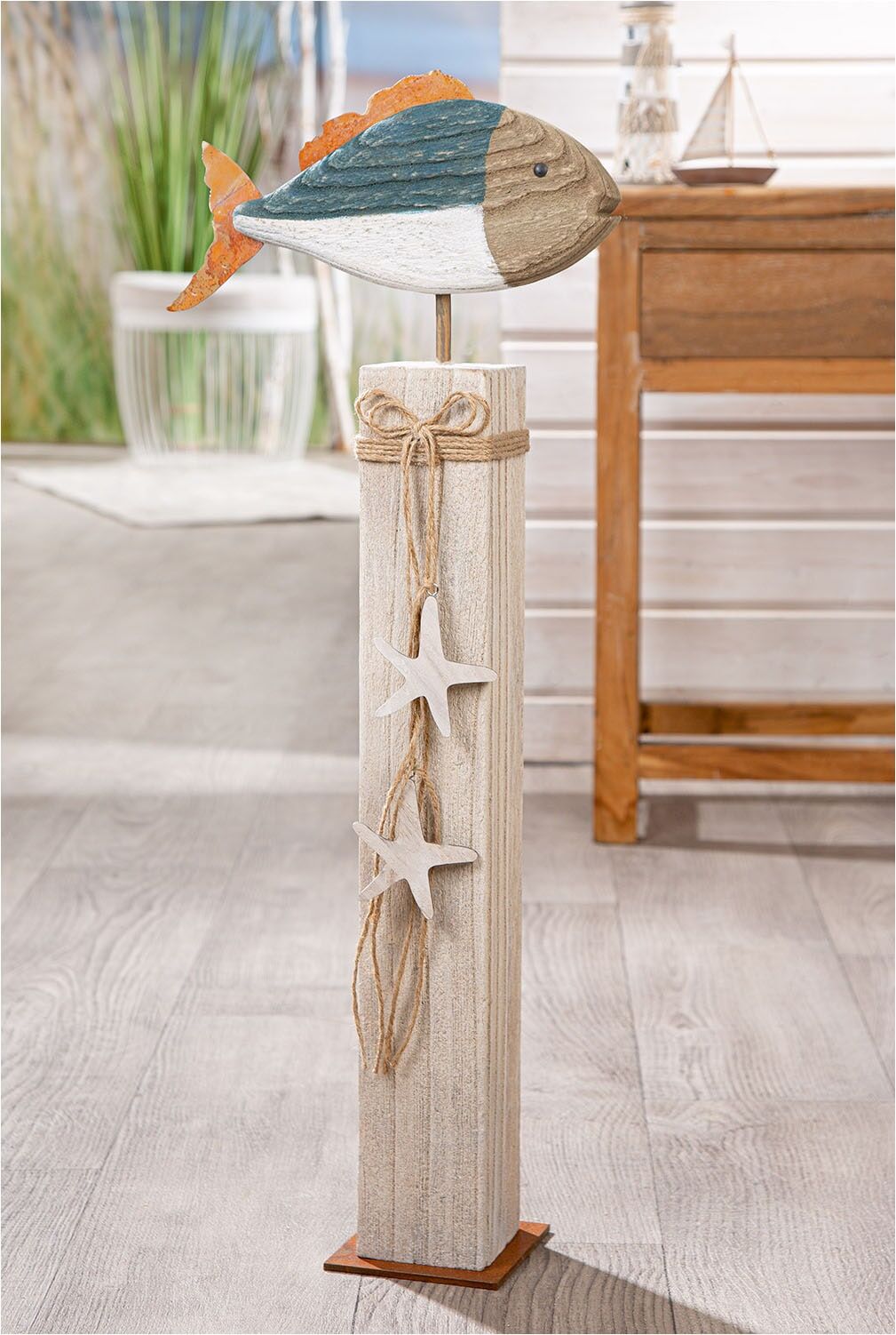 Skulptur GILDE "Dekoobjekt Fisch Neon", beige (blau, naturfarben, weiß), B:32cm H:79cm T:12cm, Holzwerkstoff, Dekofiguren, Skulptur blau, naturfarben, weiß B/H/T: 32cm x 79cm x 12cm