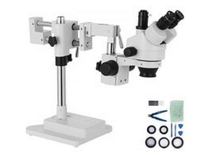 VEVOR 3,5X-90X Simul Focal Trinocular Zoom Stereo Microscope Al-Zn-Legierung 360 Grad Drehbar Trinokulares Stereomikroskop Dual Armstativ Labor Video Mikroskop zwei höhenverstellbar Ständer Zubehör