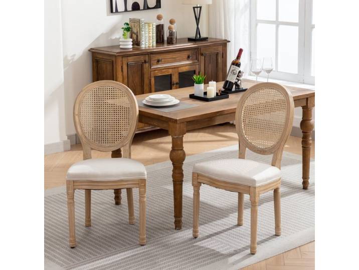 Lot de 2 chaises de salle à manger beige en tissu lin et rotin style français