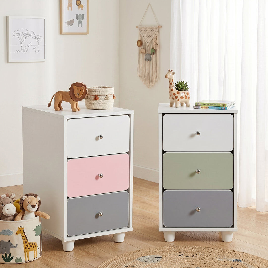 Mack + Milo Liston Weishaar 3 Drawer Bedside with Custom Green and Pink Panel Design White 59.4cm H X 39.5cm W X 35.1cm D