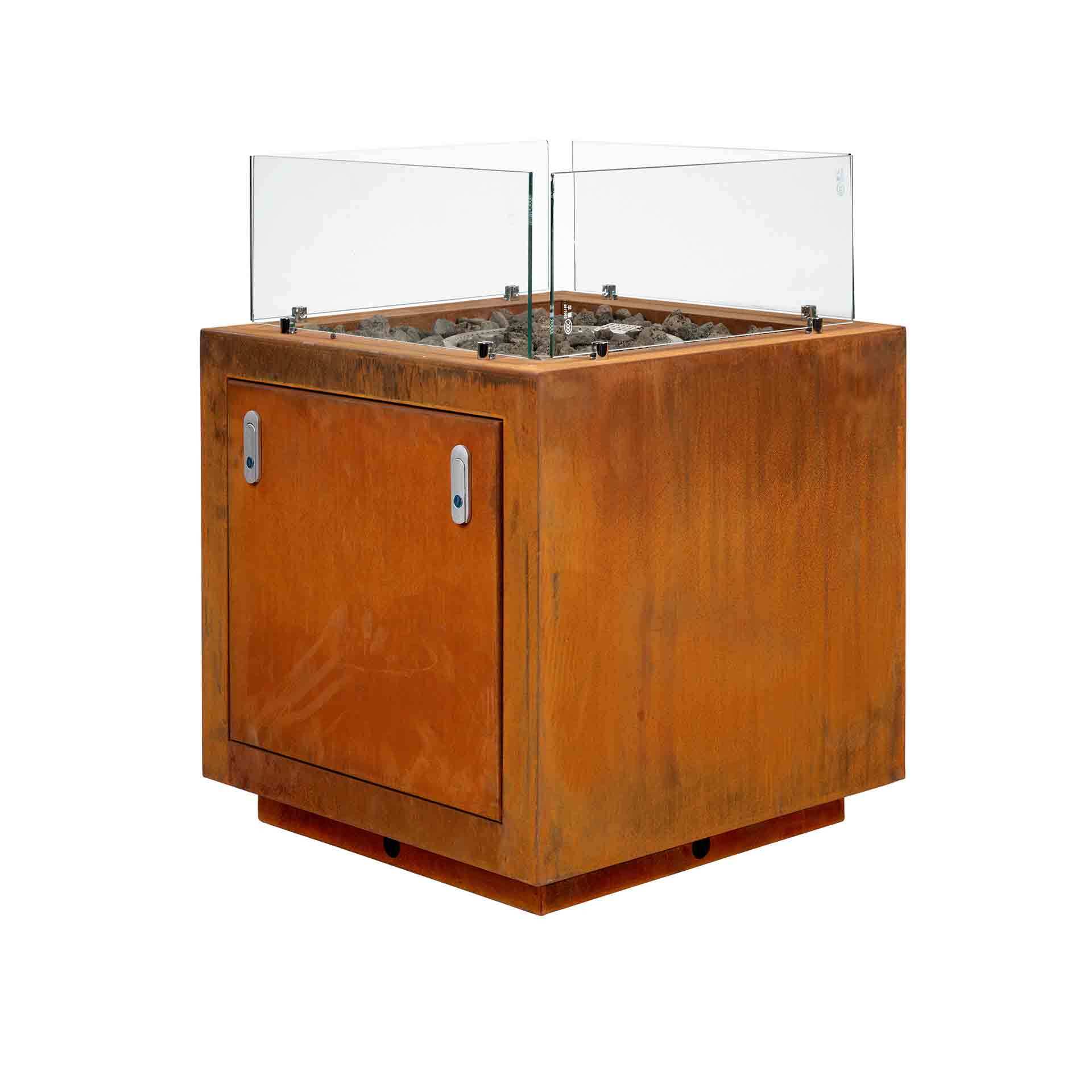 intergrill Gasfeuerstelle Fire Pit Feuertisch patiniert für Garten mit Lavasteinen und Glas Cortenstahl Rostoptik Mediterran Look 60 x 60 x 81,5cm
