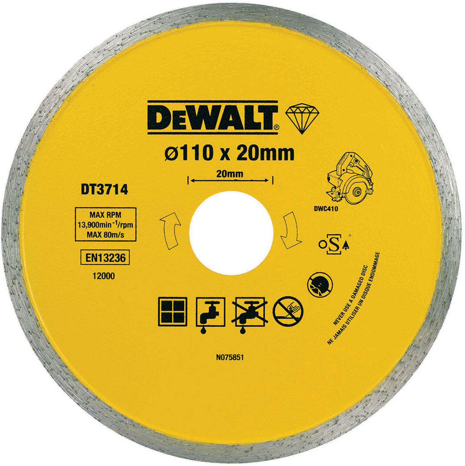 DEWALT Diamanttrennscheibe DWC410 Fliesen 110 mm DT3714-QZ)