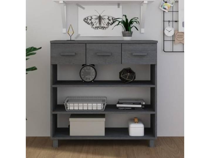 HKLGBVCR Konsolentisch Hamar, dunkelgrau, 90 x 35 x 90 cm, Massivholz 3 Einlegeböden, 3 ausziehbare Schubladen, praktische Aufbewahrung, robuste Oberseite zur Dekoration