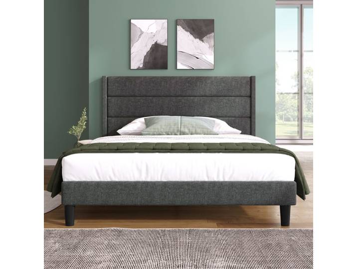 Lit - KOMHTOM - Lit capitonné - 140x200 cm - Lin gris foncé - Tête de lit 3 panneaux