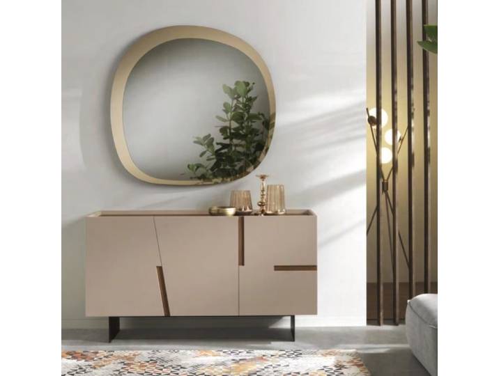 Buffet - GIRONA - Madia 3 ante avec inserts en teck - Blanc - Gris - Métal - Scandinave - Moderne