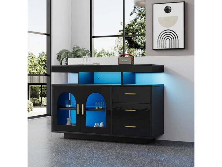 HOMVRA Buffet Brillant LED 120x40x80 cm - 3 Tiroirs - 2 Portes - Rangement ouvert - Noir