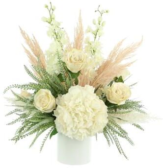 Creative Labs Hydrangea, Delphinium and Rose Floral Arrangement - White, Cream, Peach, Pink, Green