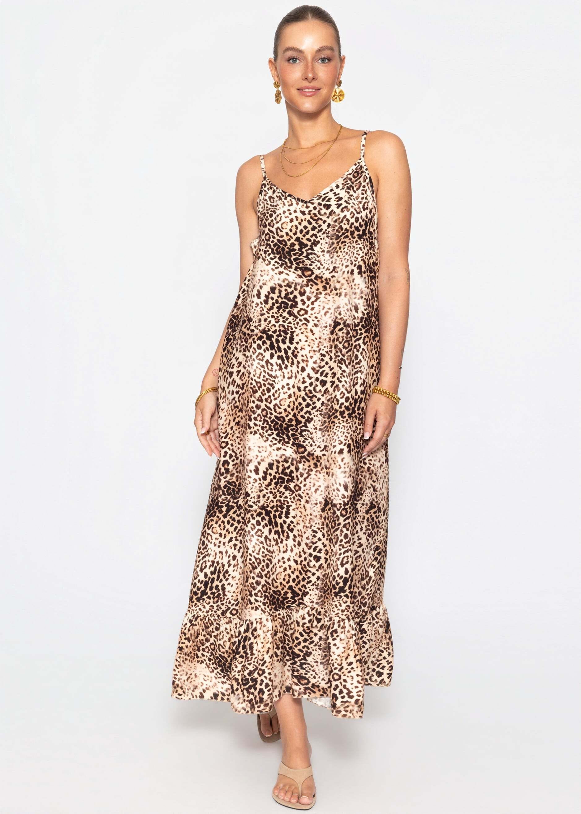 Maxikleid SASSYCLASSY "Maxikleid mit Leo-Muster", Damen, Gr. L-40, EURO, Weitere Stoffart, braun, Weitere Stoffart, Obermaterial: 85% Viskose CV. 15% Polyamid PA., Animal-Print, Maxi, V-Ausschnitt, Kleider Maxikleid, Luftiges Trägerkleid mit Volantabschlu