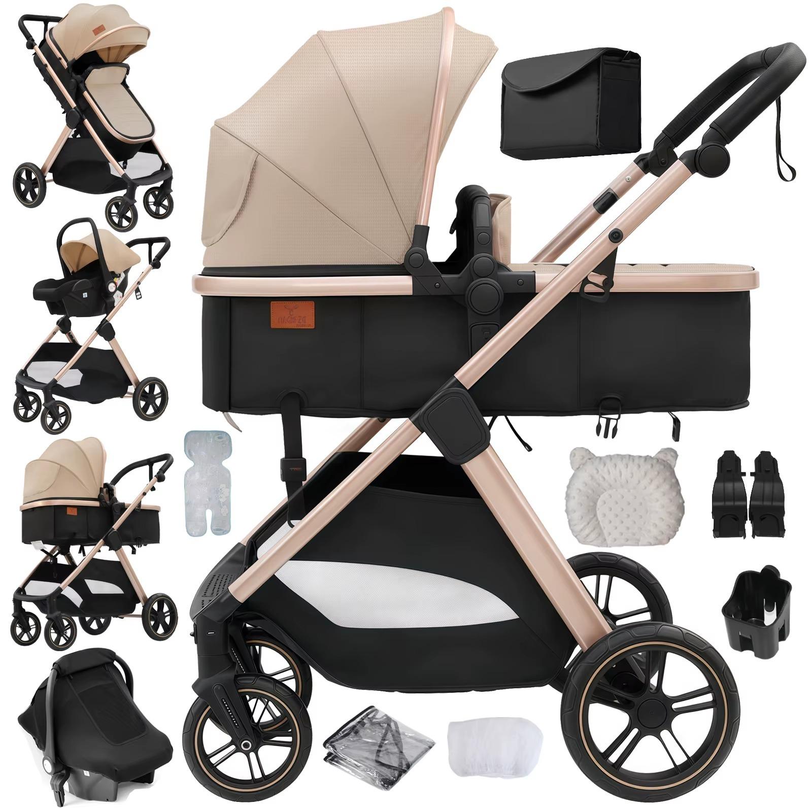 3-in-1 Kinderwagen - V10 - Babywanne - Autokindersitz-kompatibel - Faltbar - Verstellbare Rückenlehne - 5-Punkt-Gurt - Beige