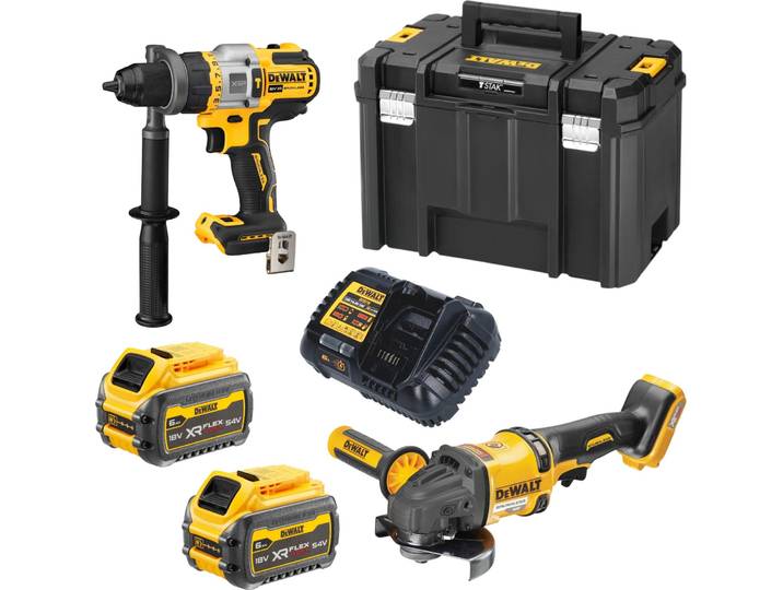 DeWalt DCK 2016 T2T Kit combiné batterie 18 V / 54 V FlexVOLT DCD 999 perceuse-visseuse à percussion + DCG 418 meuleuse d'angle + 2x batterie 6\,0 Ah + chargeur + TSTAK