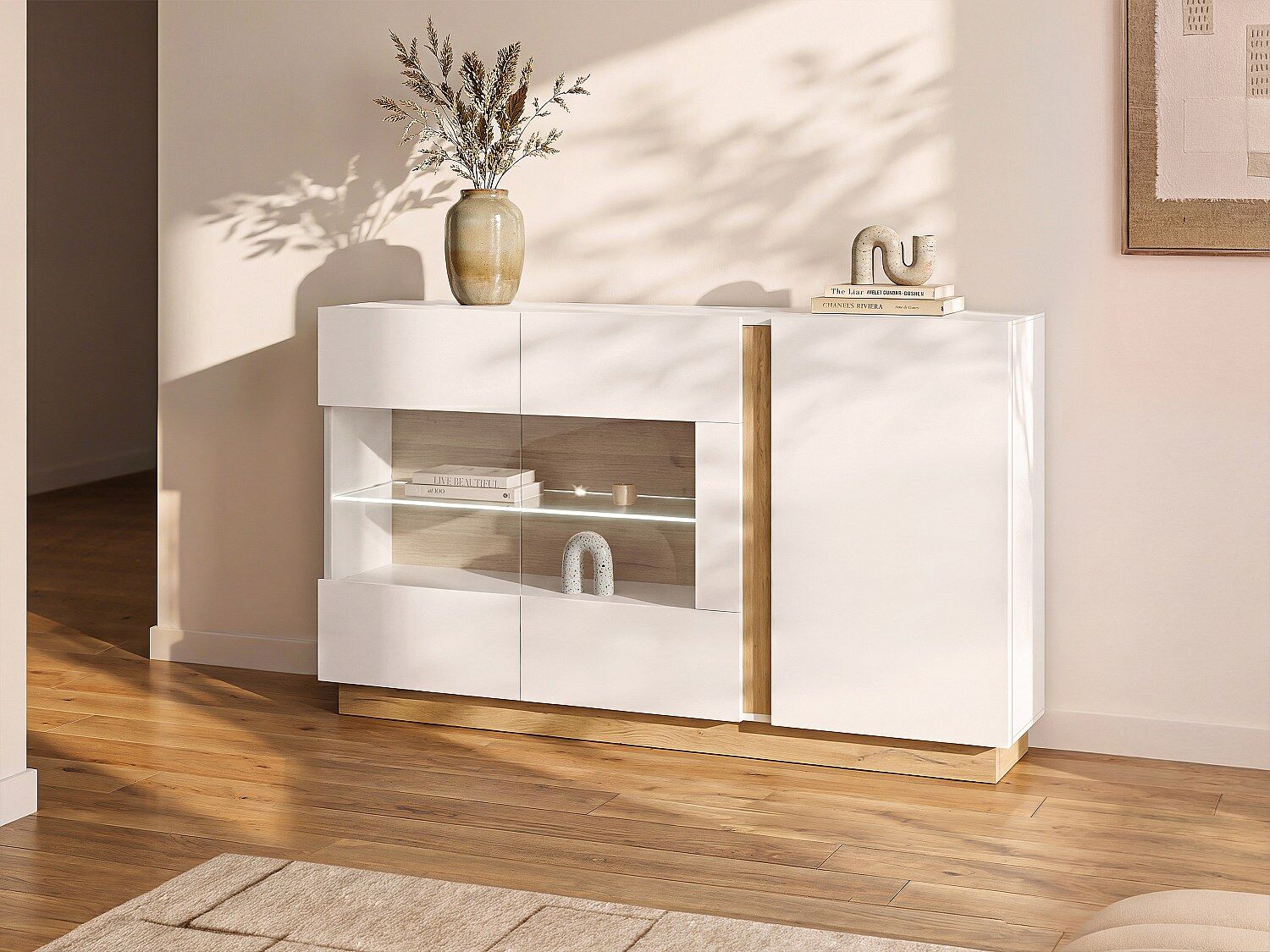 Vente-unique Buffetkast MURARI - 3 deuren - met ledverlichting - Hoogglans wit en eiken