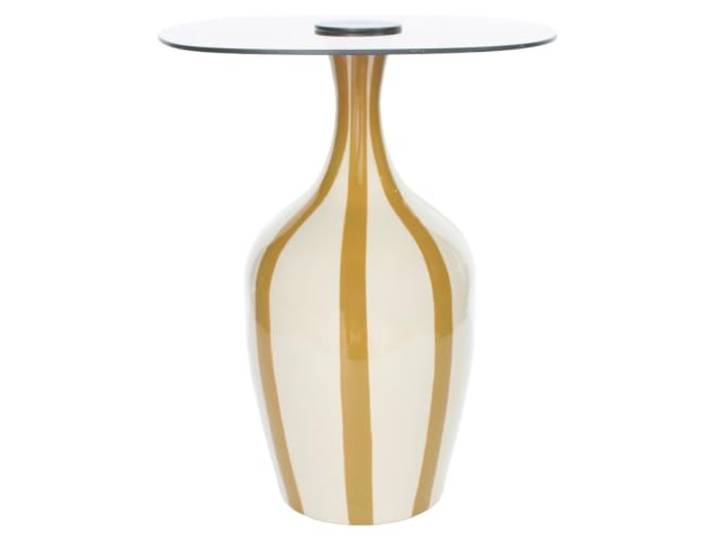 Beistelltisch aus Metall, Senfgelb-Streifen, Glasplatte, 50,5 cm Emaillierter Sockel in Vasenform, runde Glasplatte mit Mittelbefestigung, Tisch neben dem Sofa, mediterraner Stil