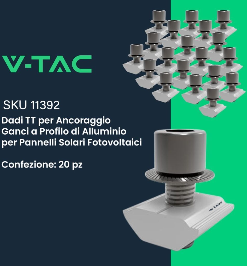 V-Tac 11392 Dadi Tt Ancoraggio Ganci A Profilo Pannello Solare Fotovoltaico (Set 20 Pezzi)