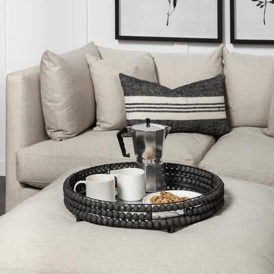 Mercana Decatur I White Wooden Beads w/ Mirrored Base Round Tray