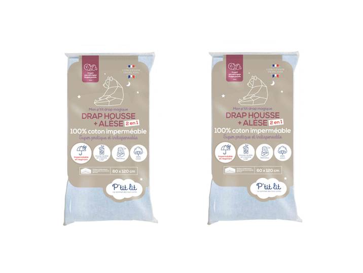 Lot de 2 draps housses bébé + alèses 2 en 1 coton imperméable gris 70x140 cm