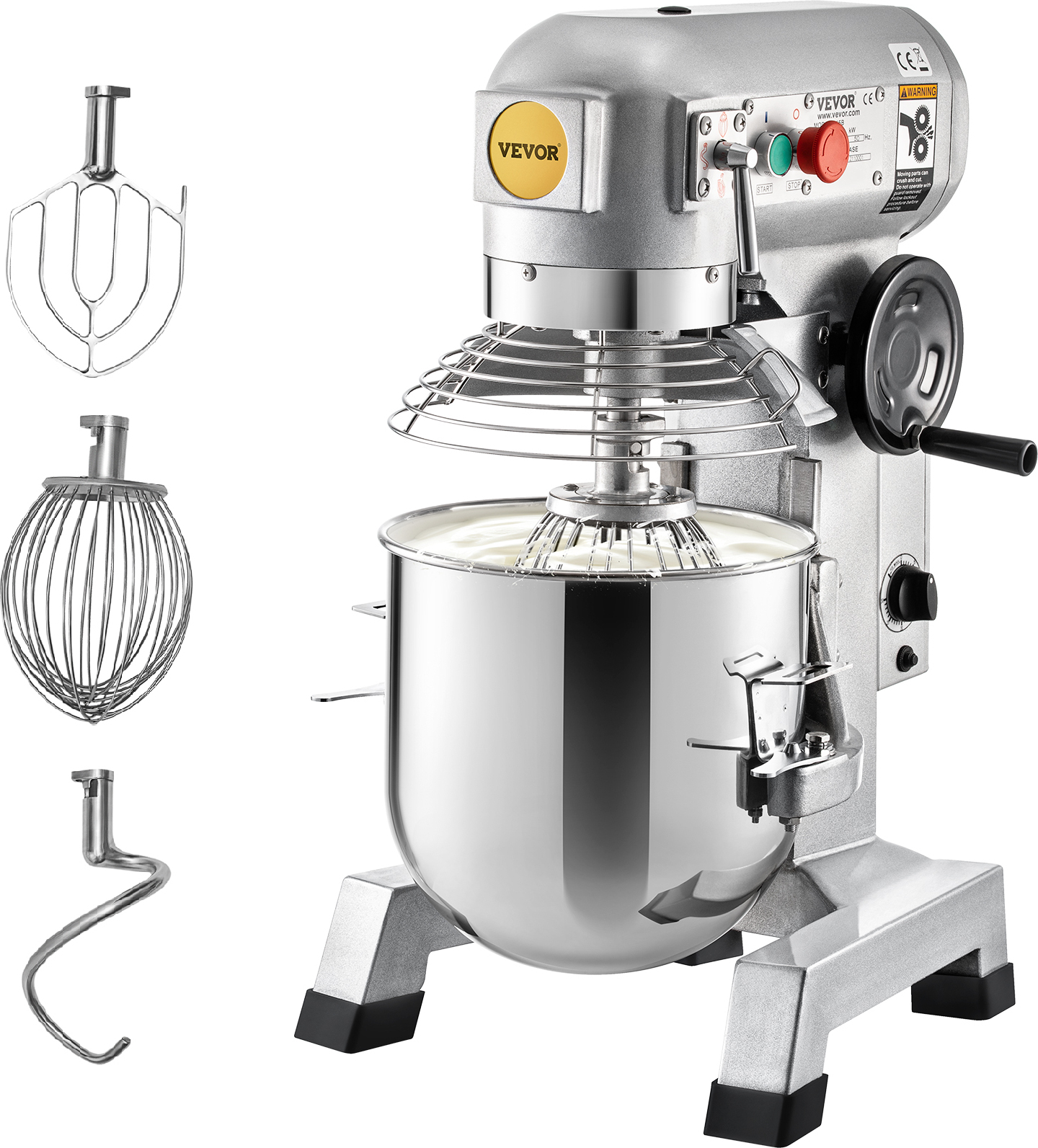 VEVOR Knetmaschine Küchenmaschine, 15 L Schüsselkapazität Knetmaschine, 3 Geschwindigkeit Rührbesen, Knethaken, Drahtseil, Edelstahlschüssel Teigmaschine 500 W, Silber Küchenmaschine Timerfunktion