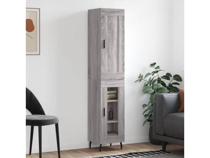 RJPLMFV Anrichte hoch, grau, Sonoma, 34,5 x 34 x 180 cm, Holz Metallbeine 2 Türen Großer Stauraum Wandbefestigung inkludiert Wohnzimmer Flur