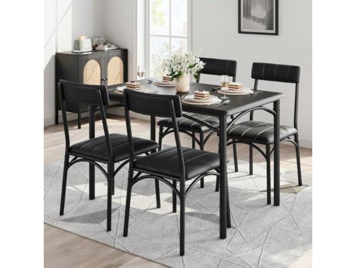 IDEALHOUSE Esstisch-Set 5-TLG Mit 4 Polsterstühlen MDF-Tischplatte & Stahlgestell Platzsparend für Küche & Esszimmer, Klassischem Schwarz