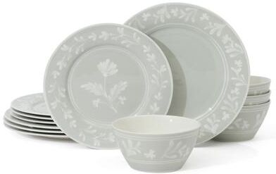 Martha Stewart Maiden Crown 12-Piece Dinnerware Set - Vegan Bone China Ceramic Plates & Bowls - Floral Design - Service for 4